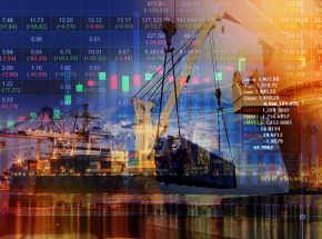 Double exposure of stocks market chart concept with International Container Cargo ship in the ocean