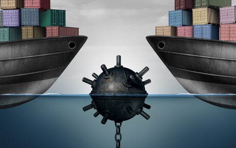 Business activity danger as a sea mine endangering free trade and economic policy as a corporate global economy challenge due to policy or tariffs with 3D render elements.